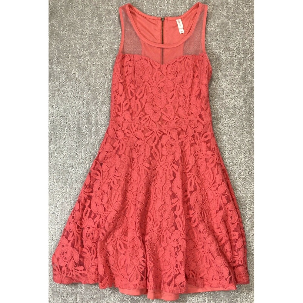 Lace Sheer Floral Mesh Dress Coral Pink Sz S A Line Skater Back Zipper I…